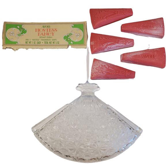 Vintage Avon Hostess Fancy Fan Soap Dish 5 Hostess Fragranced Soaps Glass Dish - Picture 8 of 11